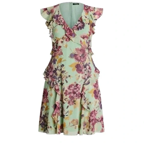 Lauren Ralph Lauren Floral Ruffle Georgette Dress Black Label Sz 8 Green Purple - Picture 3 of 10